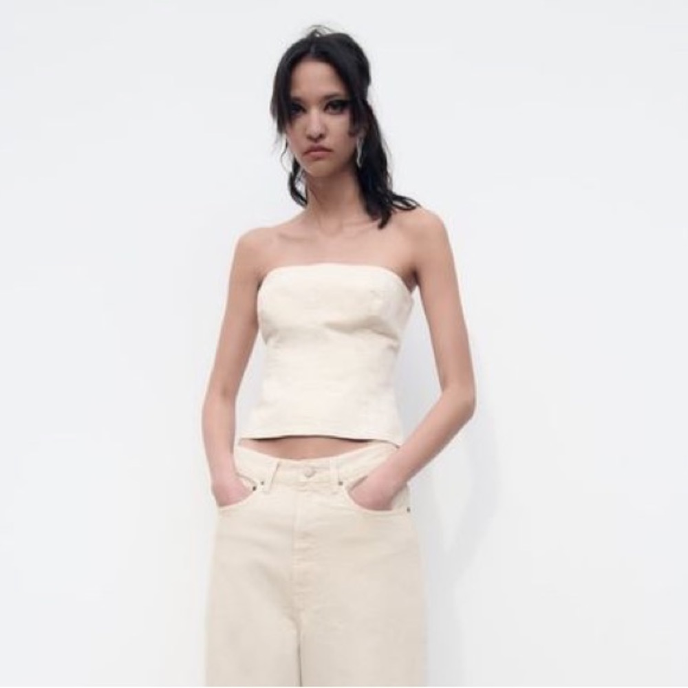 NWT Zara Strapless Denim Bustier Top in Ecru Cream Size Small